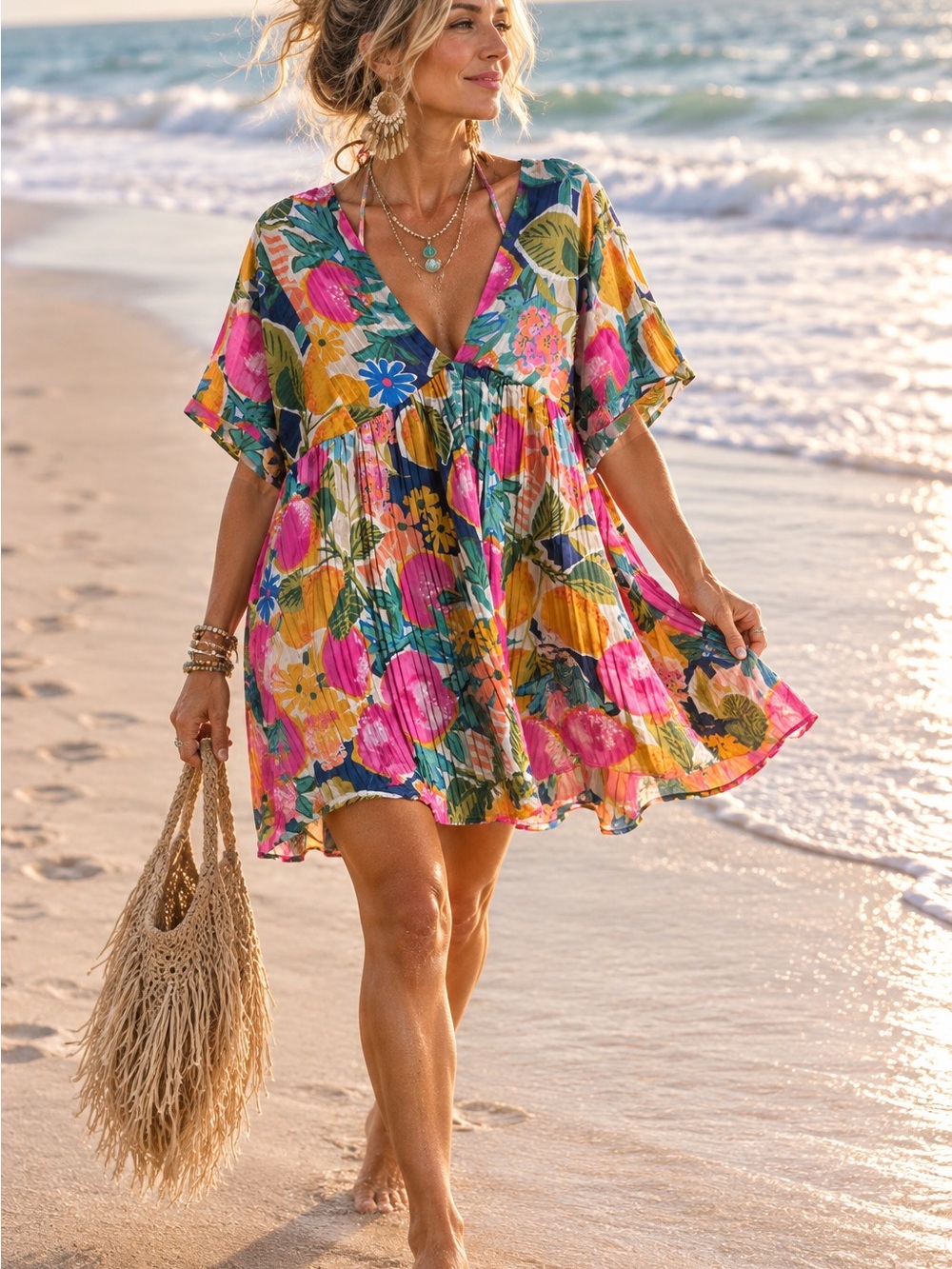 Lulu's Pink Floral V-Neck Dress with Yellow & Green Print